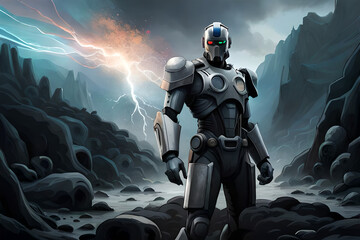 A robot stands in a desert with skulls in the background. A book cover for the book the science fiction series.