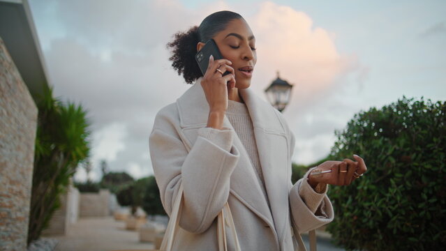 Smiling businesswoman talking street at evening sky. Successful african american