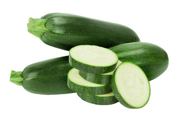 Fresh whole zucchini isolated on white background with full depth of field