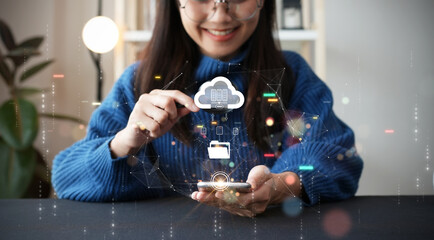 Women searching new storage alternative to smartphone storage using cloud or edge computing to back...