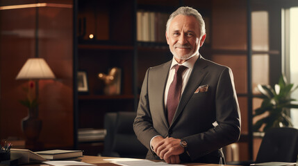 Portrait of Senior Businessman: Smiling and Standing in Office