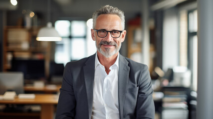 Portrait of Senior Businessman: Smiling and Standing in Office
