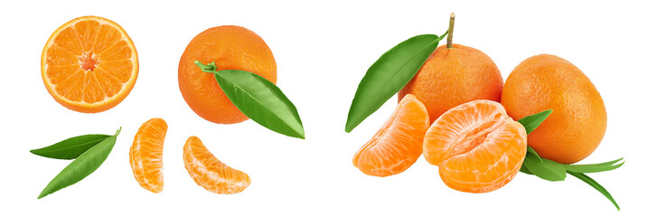 Tangerine or clementine with green leaf isolated on white background with full depth of field. Top...