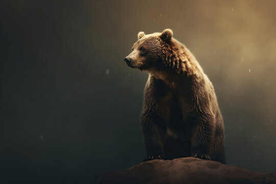 Brown bear sitting on rock in dark forest. Wildlife scene from nature.