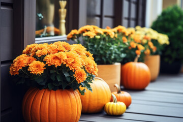 Halloween decorated front porch with handmade eco friendly plant pot making from natural pumpkins