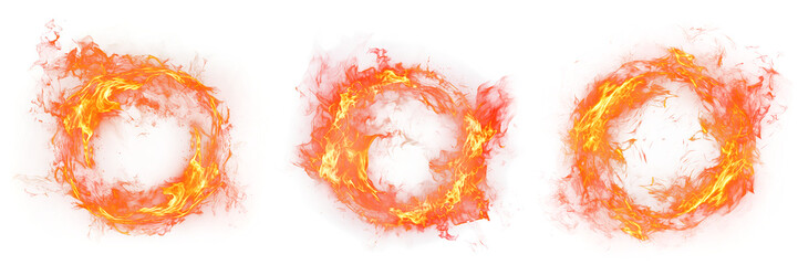 Burning fiery orange abstract ring set, circular fire illustrations with a copy space in the center for message or logo