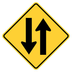 Vector graphic of a usa two way traffic highway sign. It consists of two black arrows indicating the direction of traffic flow within a black and yellow square tilted to 45 degrees