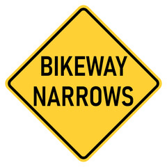 Vector graphic of a usa bikeway narrows ahead highway sign. It consists of black lettering within a black and yellow square tilted to 45 degrees
