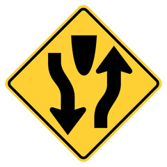 Vector graphic of a usa divided highway starts highway sign. It consists of two black arrows indicating the flow of traffic within a black and yellow square tilted to 45 degrees - obrazy, fototapety, plakaty