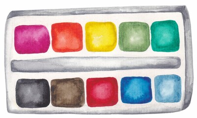 Watercolor paints. Palette of paints. Couriers