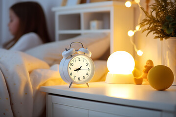 The child lies in bed, next to the nightstand there is a clock and shows late time. The concept of children's sleep schedule