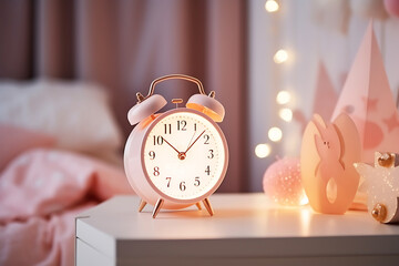 A pink alarm clock stands on a table in a children's room with a pink interior. The concept of children's sleep schedule