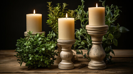 An image of simple wooden candleholders adorned with fresh greenery, creating an inviting and cozy atmosphere 