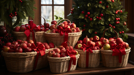 Fototapeta na wymiar A charming display of woven baskets filled with red and green apples, accompanied by sprigs of evergreens and ribbon accents 