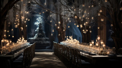 A striking centerpiece comprised of tall branches draped with white fairy lights, evoking the beauty of a winter forest 