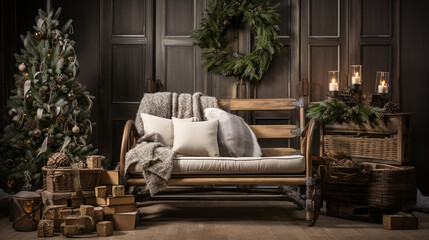 Obraz premium A charming vignette showcasing a vintage sled adorned with evergreen boughs, oversized ornaments, and a cozy blanket 