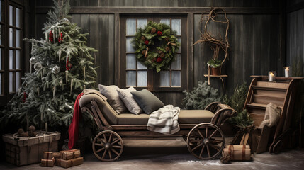 Fototapeta na wymiar A charming vignette showcasing a vintage sled adorned with evergreen boughs, oversized ornaments, and a cozy blanket 
