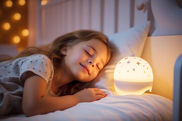 Girl child sleeps in her bed in a dark children's room with the night light turned on - obrazy, fototapety, plakaty