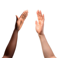 Obraz premium Afro American hand and Caucasian hand trying to do high five over isolated transparent background