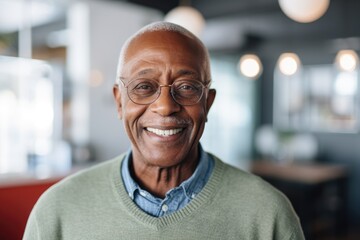 Smiling senior black man posing inside a room looking at the camera - Powered by Adobe
