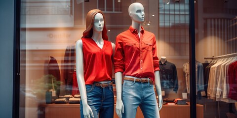 Two mannequins displaying casual clothes with red shirts and blue jeans on window shopping - obrazy, fototapety, plakaty