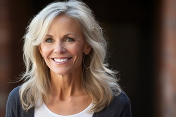 Smiling attractive mature white blond american woman looking at the camera