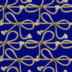 Seamless pattern of watercolor rope cords with bow knots. Hand drawn illustration. Hand painted realistic elements on navy background.