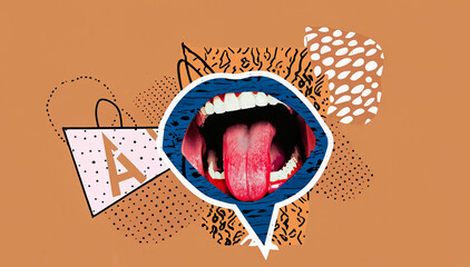 Vector collage contemporary grunge banner. Woman's mouth announcing crazy promotions, generative Ai