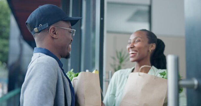 Black woman, paper bag and groceries, delivery man and e commerce happy with courier person and shipping. Distribution, front door service and food shopping online, retail and supermarket discount