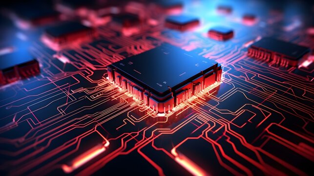 Microchip glowing in Light Red Colors. Technological and Futuristic Background