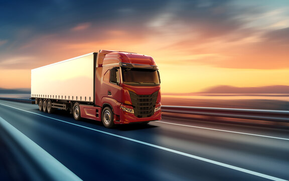 Generic and unbranded red truck speed driving on asphalt road, 3D illustration