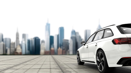 White generic and unbranded car parked in front a big city, 3D illustration