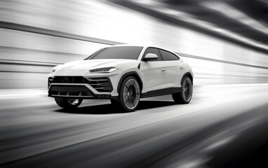 White generic and unbranded car speed driving in a tunnel, 3D illustration