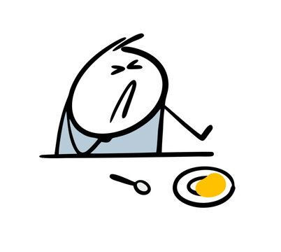 Disgruntled stickman child winced in disgust and pushed the plate of food away from him. Vector illustration of a fastidious teenager at lunch or breakfast.