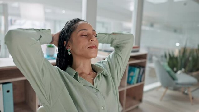 Relax, breath and a business woman in the office to finish or complete a work task for project management. Smile, peace and calm with a happy young employee in her professional workplace to rest