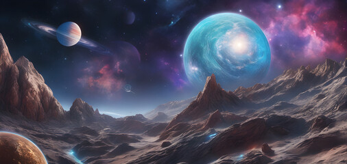 Science Fiction Fantasy background, outer space, galaxy and planets, Generative AI