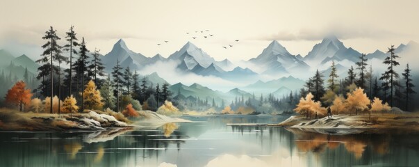 Mountain Peaks minimalist watercolor landscape art - obrazy, fototapety, plakaty