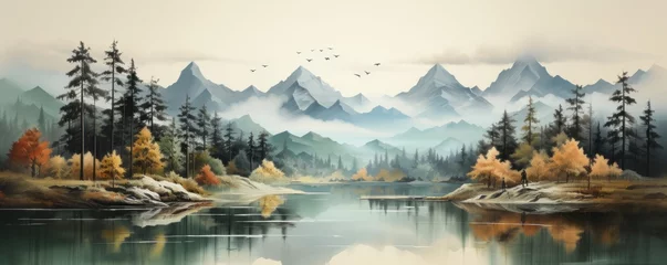 Fotobehang Mountain Peaks minimalist watercolor landscape art © Solis