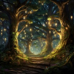 Visualize a mystical forest where ancient trees are adorned with shimmering lights, and hidden pathways lead to serene clearings and enchanting creatures Generative Generative AI