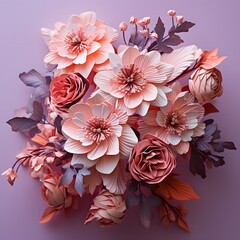 Beautiful bouquet of flowers in pastel colors on a purple background