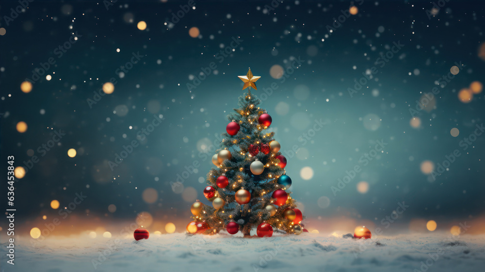 Poster christmas tree with decorations on snow and bokeh background. 3d rendering