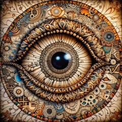 An eye among patterns and a kaleidoscope.