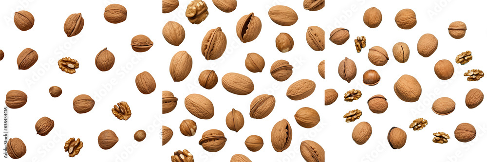 Poster many walnuts in shells against a transparent background