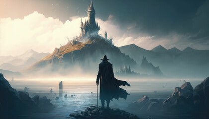 Silhouette of a wizard looking towards a castle. Generative AI 
