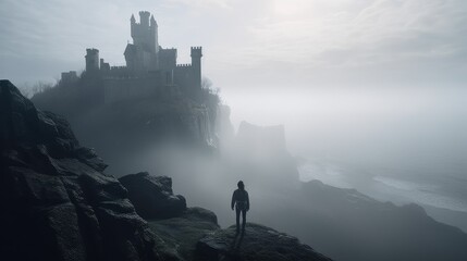 castle in misty mountains. Generative AI - obrazy, fototapety, plakaty