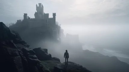 Fotobehang castle in misty mountains. Generative AI © Sapan