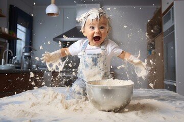 a playful hyperactive cute white toddler child misbehaving and making a huge mess in a kitchen, throwing around things, flour and dough or sand and food