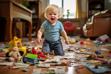 a playful hyperactive cute white toddler cleaning up the toys after misbehaving and making a huge mess in a living-room, throwing around things and shredding paper. Studio light.