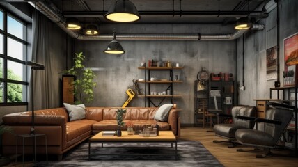 Inspiring office interior design Industrial style Lounge featuring Exposed pipes architecture. Generative AI AIG 31.