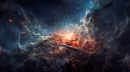 Fototapeta premium Space scene with stars, planets and asteroids in the galaxy. Panorama. Universe filled with stars, planets, asteroids, nebula and galaxy. Cosmic dust and fog. Generative AI technology.